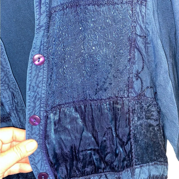vintage 90s blue patchwork shirt jacket shacket boho western Fall whimsigoth - Picture 6 of 8